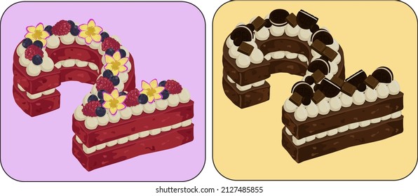 Cakes in the shape of the number 2 (two) - a red velvet cake with raspberry, yellow flowers and blueberries and another chocolate cake with chocolates, chocolate bar and chocolate bal