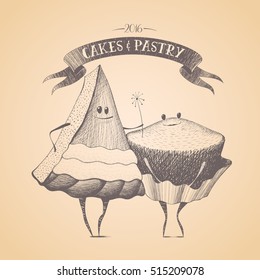 Cakes shop, pastry vector logo, sign, icon, symbol, emblem. Cute isolated graphic design element, illustration with creamy cake, cupcake, muffin character for menu decoration, poster