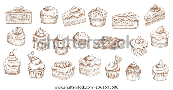 Cakes sketch icons, pastry desserts, bakery\
sweets, vector hand drawn. Bakery and pastry shop sweet chocolate\
cakes, patisserie sweet dessert cheesecakes, tiramisu, brownie\
cupcake and waffles