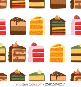 cakes slice seamless pattern with berries in cartoon style. desert illustration. birthday background