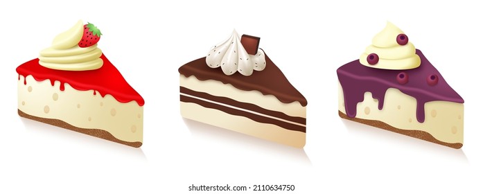 Diseño de conjunto de vectores de corte de pasteles. Pastel de queso y postres de pastel de chocolate con sabores de fresa y frutales de arándano para el cumpleaños y la ocasión de los dulces. Ilustración vectorial.
