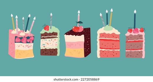 Cakes slices pieces with candles isolated on a green background.. Set of cakes. Vector for postcards and stickers	