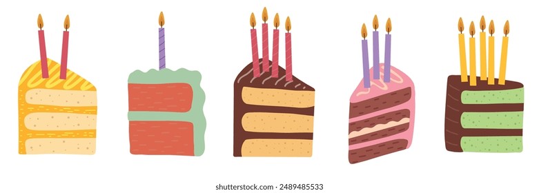 Cakes slices pieces with candles for one, two, three, four and five years isolated on white. Set of cakes. Birthday party. Vector for postcards and stickers