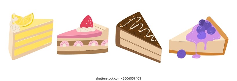 Cakes slices pieces isolated on white. Set of birthday cakes. Clip art for cafe and restaurant menu. Vector illustration for postcards and stickers.