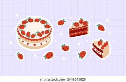 Cakes with strawberries vector illustration. Set of flat stickers with cute cakes, slices and berries on checkered background