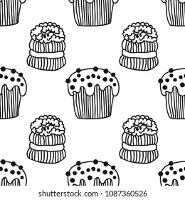 Cakes, sweet dessert. Black and white seamless pattern for coloring book or page.