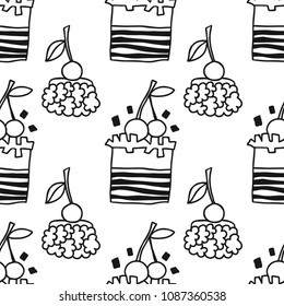 Cakes, sweet dessert. Black and white seamless pattern for coloring book or page.