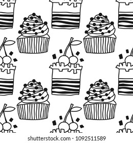Cakes, sweet dessert. Black and white seamless pattern for coloring book or page.