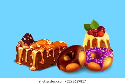 Cakes, sweets, confectionery collage background. Donuts, cookies cupcakes macaroons over blue background.