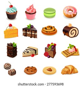 Cakes and sweets decorative icons set with donut cookies cupcake isolated vector illustration