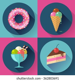 Cakes and sweets decorative icons set with donut cake ice cream vector illustration
