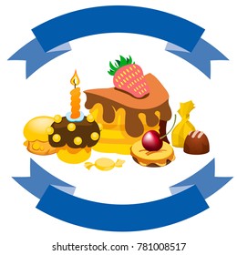 Cakes, sweets, festive pastries and ribbon banner. Vector illustration isolated on white background for logos, stickers and other items.