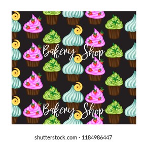 Cakes, sweets, inscription, lettering. Template for cafe