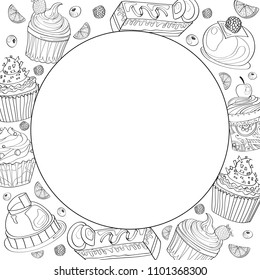 Cakes, sweets and muffins around an empty frame. Decoration, menu, style for sale and store. Coloring book, page.