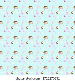 Cakes and sweets on blue background. Vector pattern