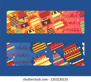 Cakes and sweets set of banners vector illustration. Chocolate and fruity desserts for bakery shop with fresh and tasty cupcakes, cakes, whipped cream, glaze and sprinkles.