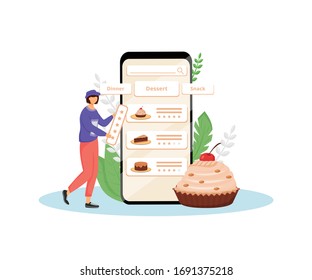 Cakes taste and quality feedback flat concept vector illustration. Female client, pastry online buyer 2D cartoon character for web design. Sweet bakery customer review creative idea