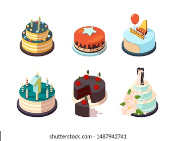 Cakes. Tasty party bakery food cream cakes with chocolate strawberry glazed for holiday party birthday surprise vector isometric