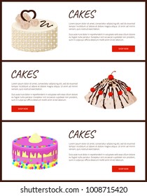 Cakes variety delicious desserts, web page for online shopping with text, sweet bakery with cream, banners isolated on vector illustration