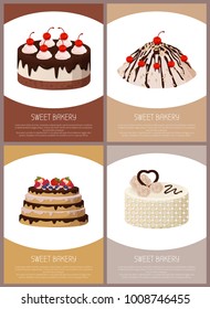 Cakes variety delicious desserts, web page for online shopping with text, sweet bakery with cream, banners isolated on vector illustration