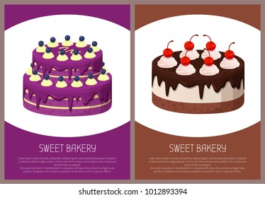 Cakes variety delicious desserts, web page for online shopping with text, sweet bakery with cream, banners isolated on vector illustration