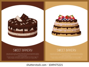 Cakes variety delicious desserts, web page for online shopping with text, sweet bakery with cream, banners isolated on vector illustration