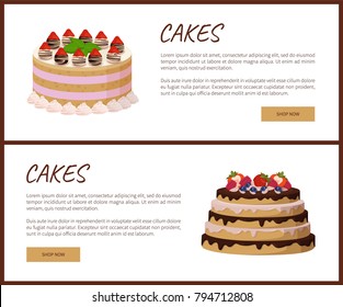 Cakes variety delicious desserts, web page for online shopping with text, sweet bakery with cream, banners isolated on vector illustration