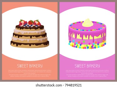 Cakes variety delicious desserts, web page for online shopping with text, sweet bakery with cream, banners isolated on vector illustration
