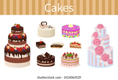 Cakes various delicious desserts vector illustration of different shapes pies with chocolate strawberries and red cherries, fruits and tasty frosting