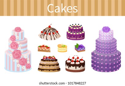 Cakes various delicious desserts vector illustration of different shapes pies with chocolate strawberries and red cherries, fruits and tasty frosting