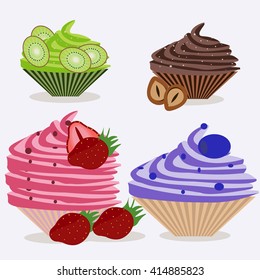 Cakes vector illustration. Cake isolated on light background. Cake icon in flat style. Cake with fruit. Cake with berries. Brownies. Collection of sweet pastries isolated. Fruit cakes stock vector.