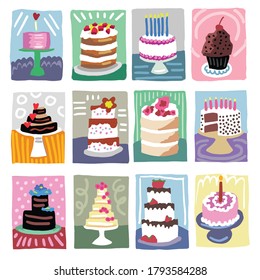Cakes vector illustration containing twelve cakes to be used individually or as a group and scaled to any size