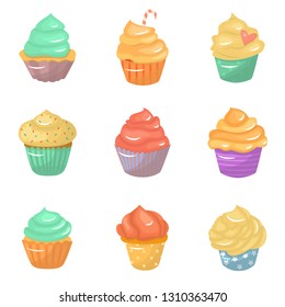 Cakes vector illustration. Dessert vector drawing. Set of nine vector muffins