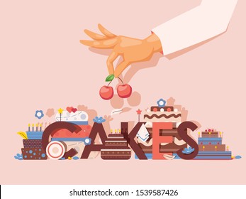 Cakes vector illustration. Professional bakery presentation, baking recipe book cover, culinary class advertisement. Custom made cakes for special occasions, birthday, wedding and anniversary