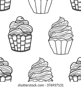 Cakes vector seamless doodle pattern. Vector coffee icons. Cute coffee icons. Food and drink elements. Joy to adult colorists, who like art, relax and meditation.