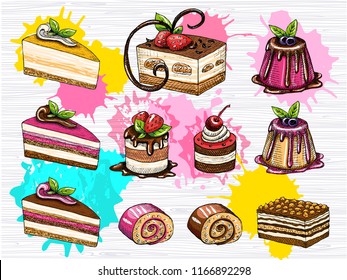 Cakes vector set isolated. Colorful cakes collection. Sweet cream, icing, lunch, break time, strawberry, nuts, cherry, mint leaf, chocolate sprinkles. Hand drawn vector