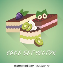 Cakes vector set. Sponge cakes with berries and nuts