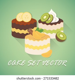 Cakes vector set. Sponge cakes with berries and nuts