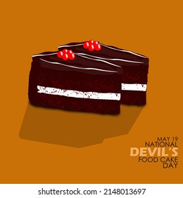 Cakes with very thick chocolate topped with cherry fruit called devils food cake with bold texts on brown background, National Devil's Food Cake Day May 19