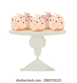 Cakes with whipped cream on a serving platter. Party, Birthday, celebration, Wedding, Christmas, Valentine's Day. Vector isolated colorful element.