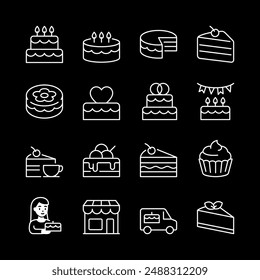 Cakes, white line icons. Bakery items such as birthday, wedding cakes, cupcakes, and cheesecakes. Perfect for bakery and celebration visuals. Symbols on black background. Editable stroke.