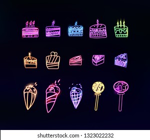cakes,sweets neon cookies isolated vector design elements set