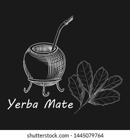 Calabash and bombilla for yerba mate drink on black background. Mate tea engraving style vector illustration. Traditional South American drink.