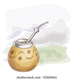 Calabash with mountain landscape. Vector illustration.