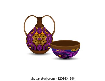 Calabash water bottle colorful logo design. Ceramic vase and bowl, authentic symbol of Africa with ethnic ornament, old African pots, Afro tribal pottery styles, Zulu color pot, vector isolated 