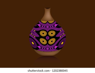 Calabash water bottle logo design. Ceramic vase and bowl, authentic symbol of Africa with ethnic ornament, old African pots, Afro tribal pottery styles, Zulu colorful pot, vector isolated on brown 