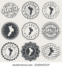 Calabria, Italy Set of Stamps. Country Travel Marks. Made In Product. Design Seals Old Style Insignia.