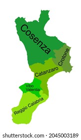 Dibujo de silueta de vector de mapa de Calabria aislado en fondo blanco. Símbolo de la región italiana de Calabria con provincias separadas con fronteras.