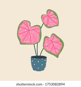 Caladium in ceramic flowerpot. Houseplant isolated. Trendy hugge style, urban decor. Hand drawn sketch, naive art. Print, poster, banner, wallpaper. Logo, label. Green, blue, pink, black colors