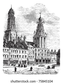 Calais city in France. City square, city hall and lighthouse vintage engraving. Old engraved illustration of a city scen in Calais, 1890.